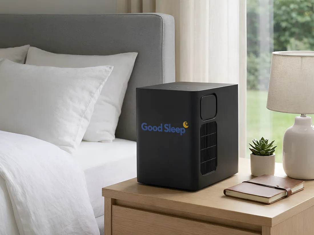 Good Sleep hub on a nightstand beside a bed, ready to warm or cool the mattress topper